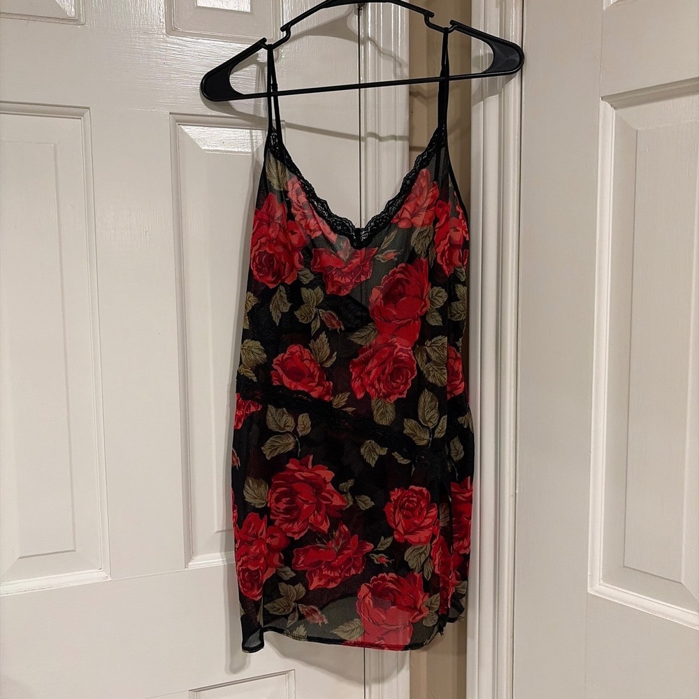 Unbranded Womens Floral Mesh Chemise Nightgown Red Black L Sheer Lace Trim